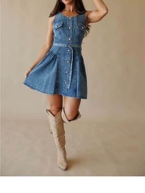 Button-Front Denim Dress with Waist Tie